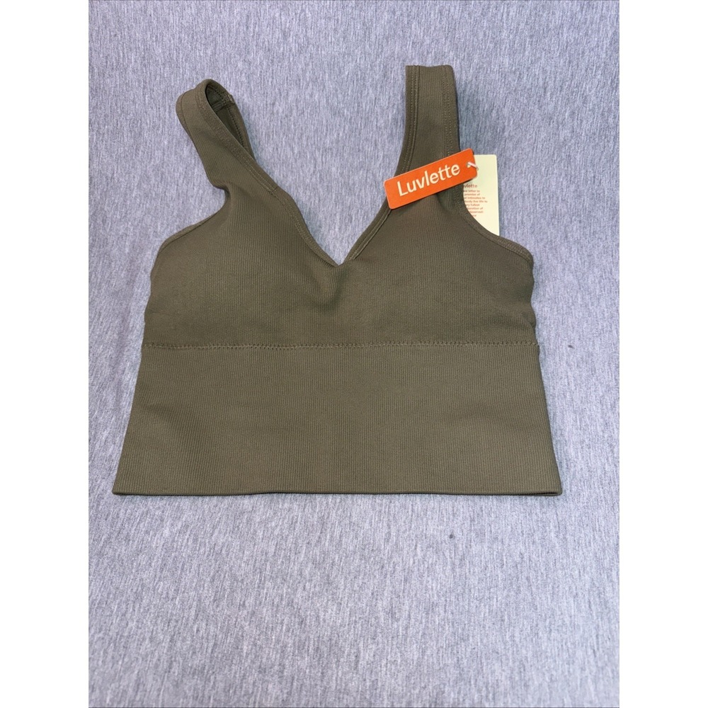 Luvlette Women's Ribbed Longline Sports Bra Olive Green Size S NWT Seamless